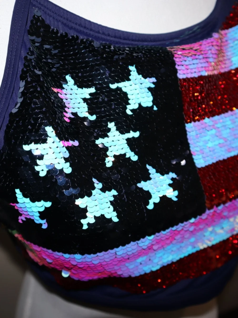 Justice Kid's Size 20 plus American Flag Flip Sequins Swim Top Red/White/Blue